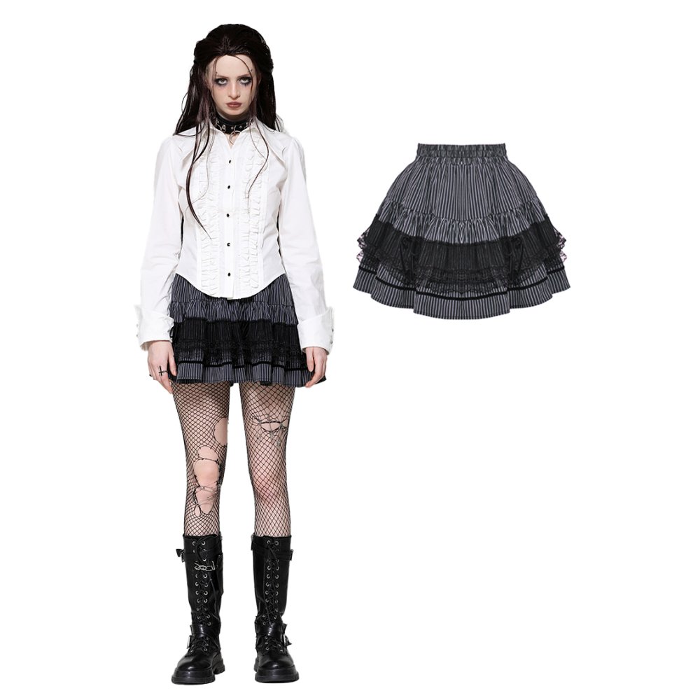 Dark in Love - Dark Striped Scholarly Mini skirt - Black/White
